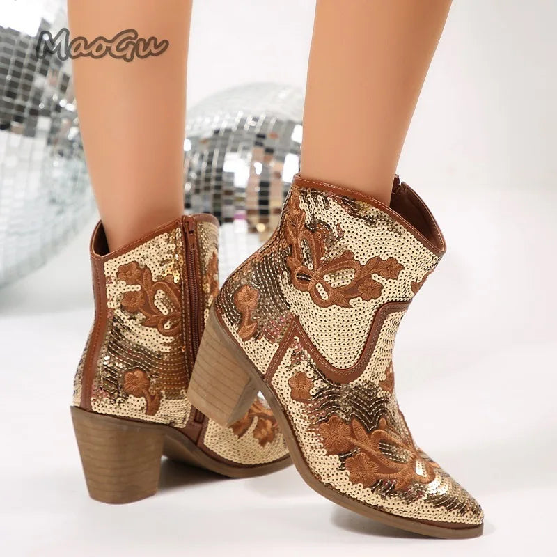 Glitter Pointed Toe Square Heel Ankle Boots for Women