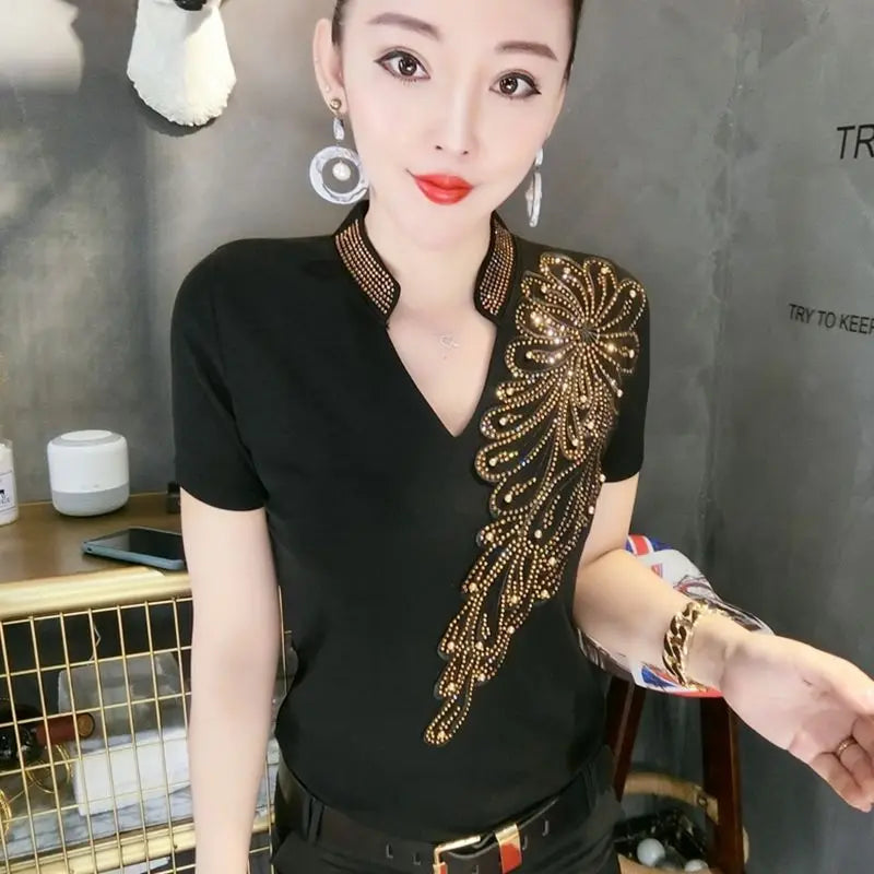 Sequin Women Tops Sleeve Polo Shirt Rhinestone Pulovers Vintage Glitter Luxury Women's Blouses Promotion Free Delivery Neck Cute