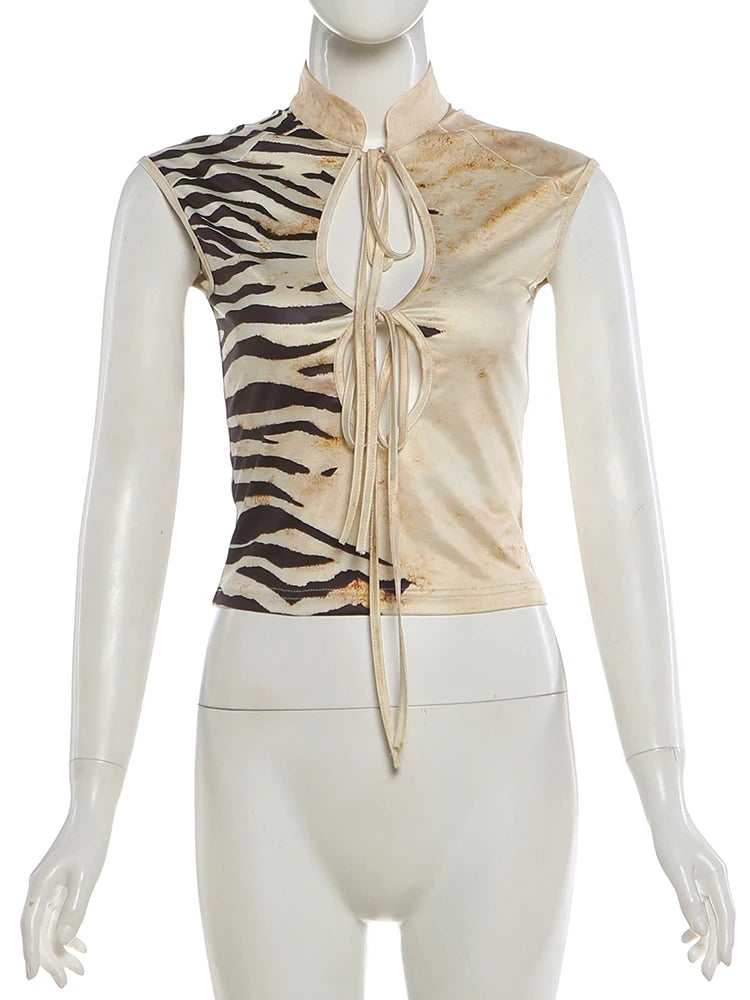 Tiger Print Tassel Cutout Slim Fit Vest Top for Women