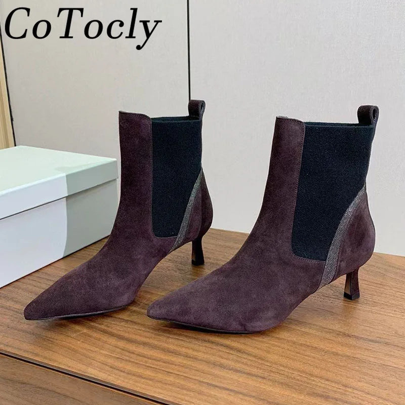 Pointed Toe Kitten Heel Suede Ankle Boots For Women