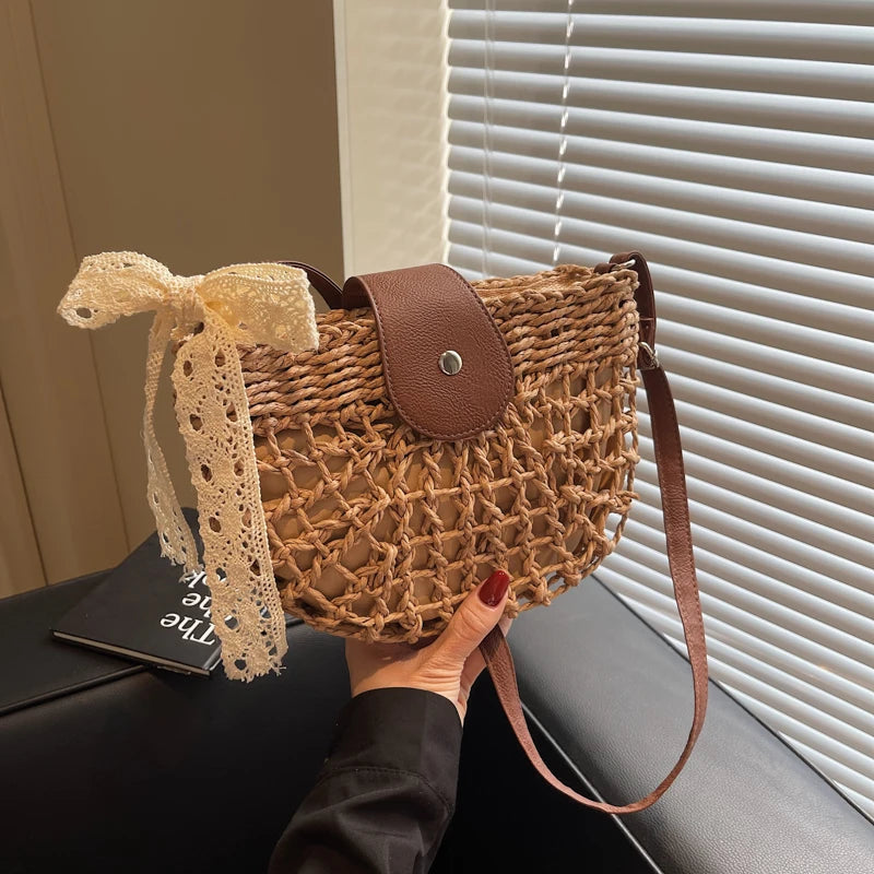 Straw Knitted Shoulder Bag With Bowknot Handmade for Women