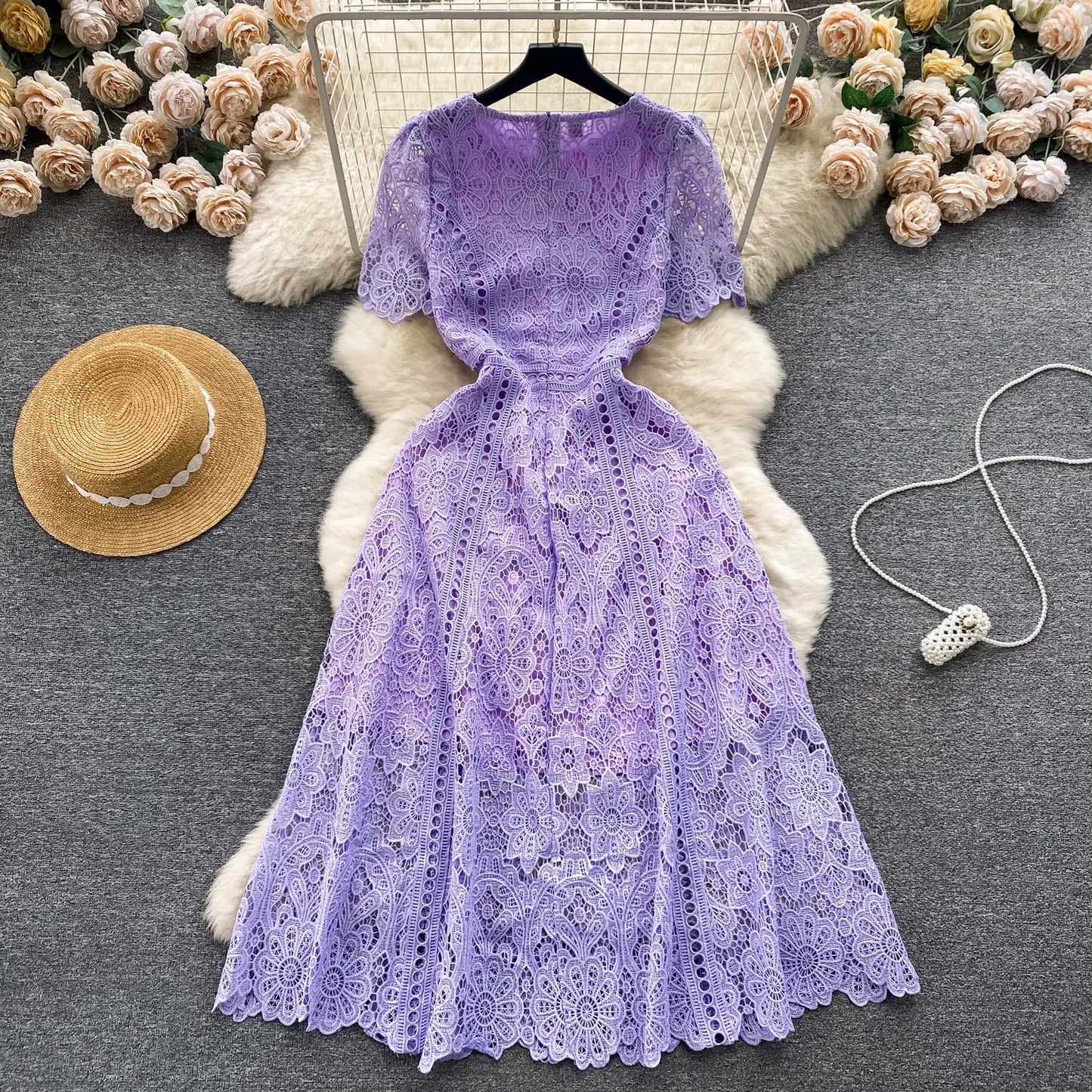 Korean Version Retro High-end Round Neck Lotus Leaf Sleeve Lace Dress for Women's 2026 Summer New Temperament Elegant Long Dress