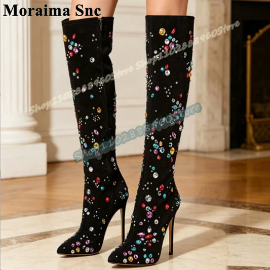 Black Flock Crystal Stiletto Knee Boots
