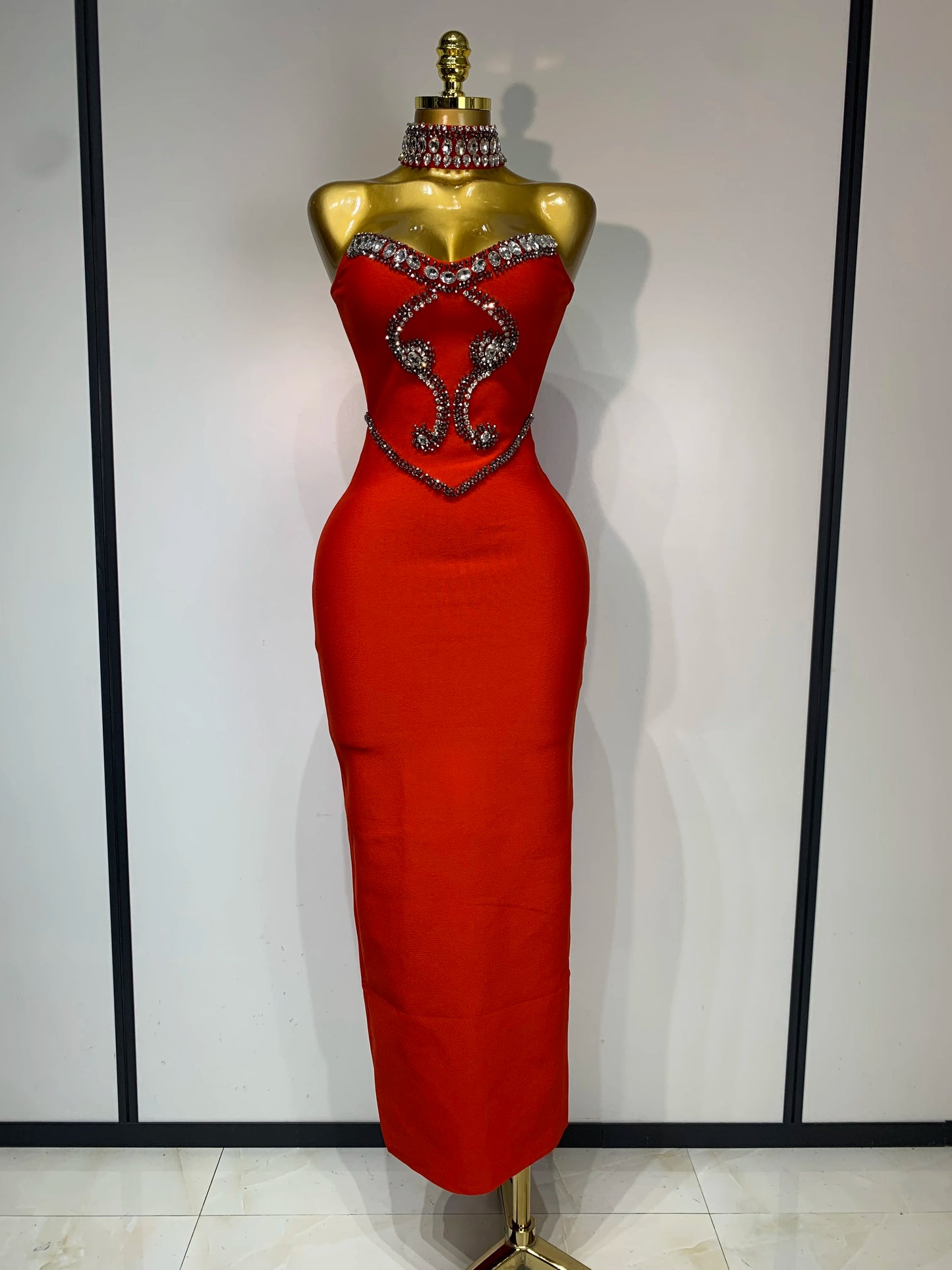 High Quality Strapless Beading With Necklace Bandage Dress  Celebrity Elegant  Evening Party Fancy Club Birthday Dresses