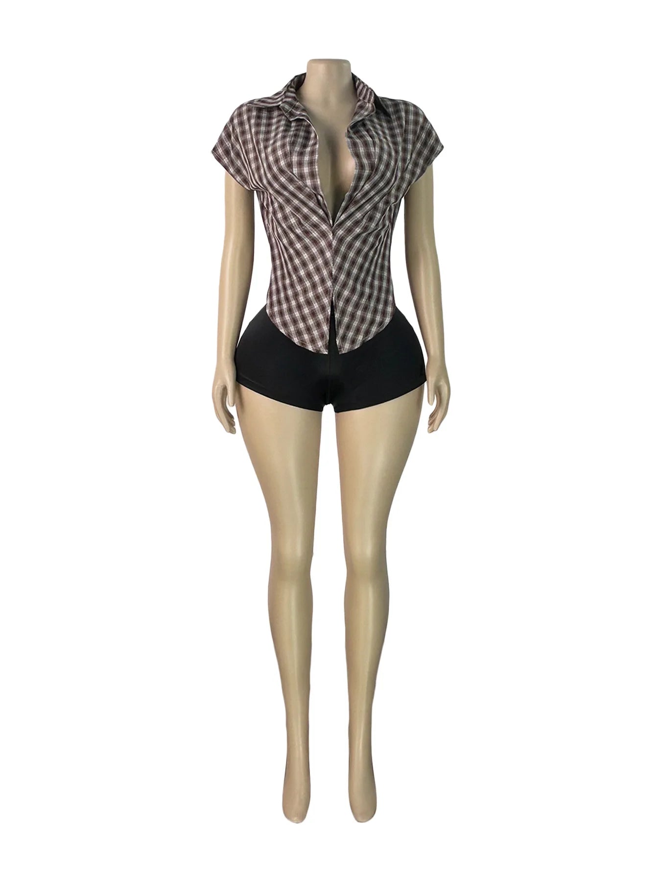 Plaid Print Deep V Neck Sleeveless Hollow Two Piece Set for Women