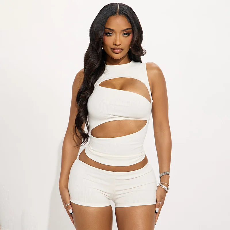 Hollow-Out Patchwork Crop Top and Shorts Set for Women