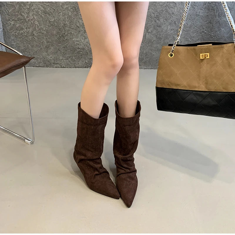 Women's Frosted Low-heeled Boots Fashion Retro Brand Short Boots Pointed Stiletto Boots Pleated Ankle Boot Folded Hem Short Boot