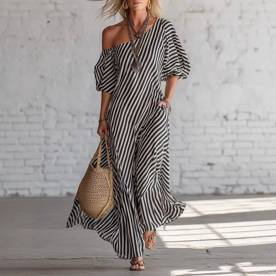 Striped Off Shoulder With Pockets Maxi Dress for Women