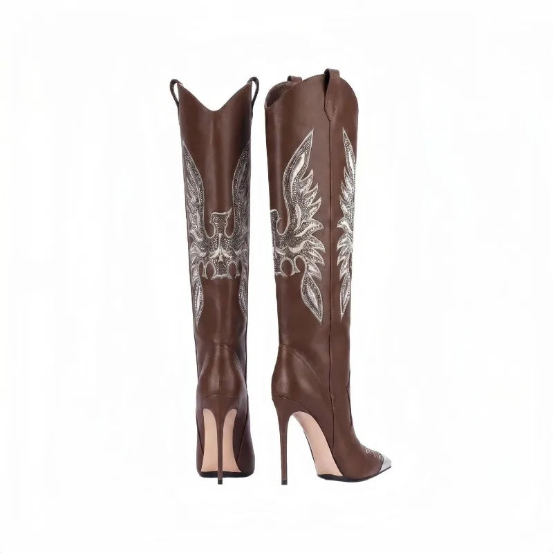 Retro Embroidered Rhinestone Knee High Cowboy Boots for Women