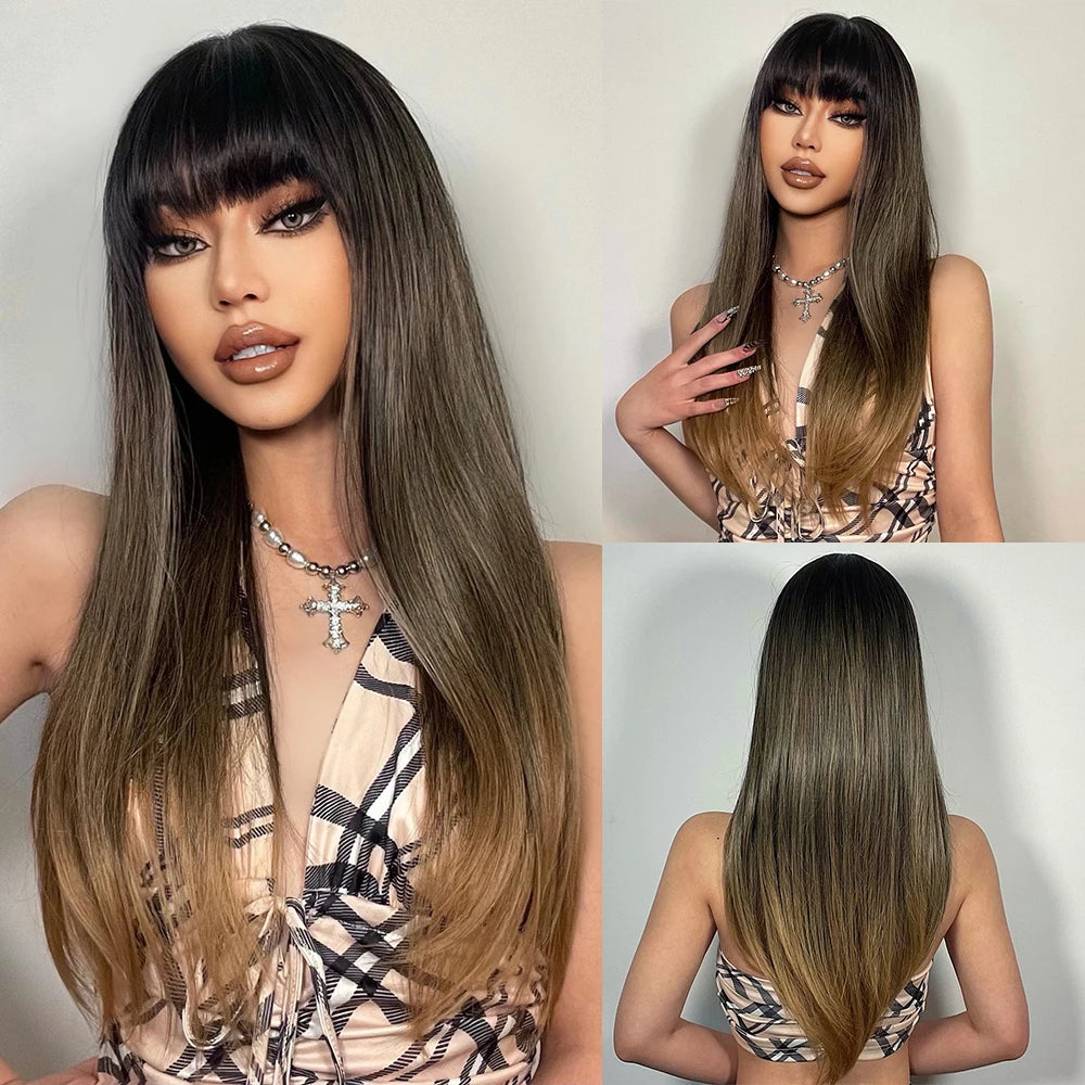 Long Straight Heat Resistant Synthetic Wig With Bangs for Women