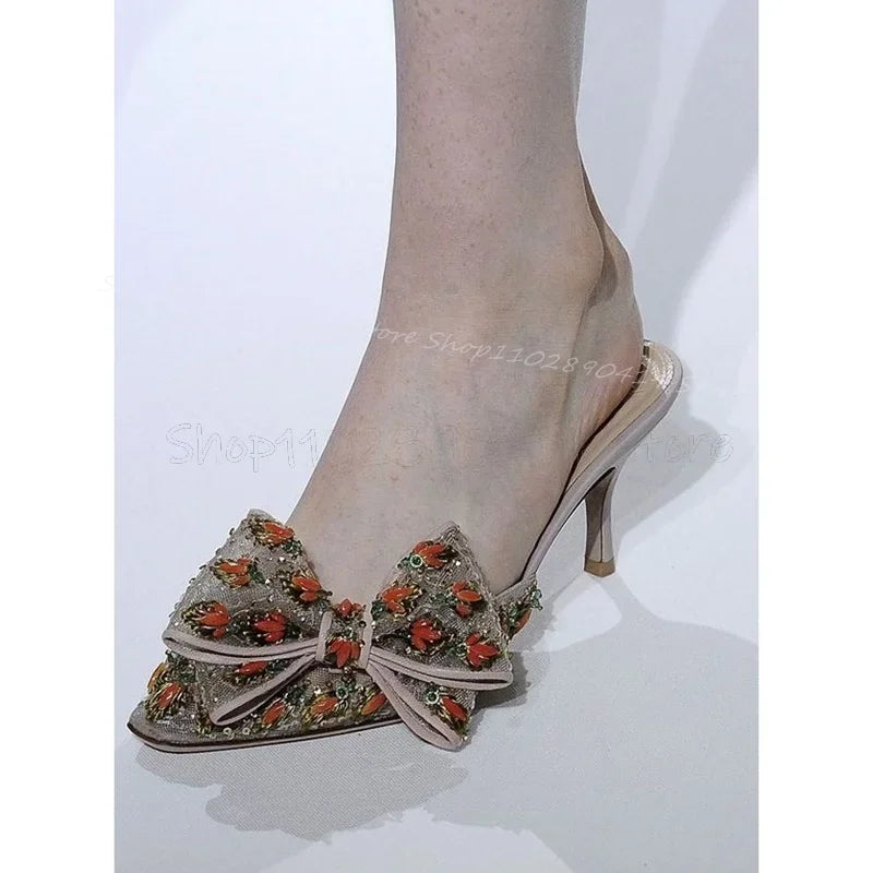Sparkling Green Crystal Bow Pointed Toe High Heels for Women