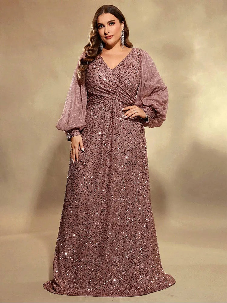 Plus Size V Neck Sequin Evening Dress
