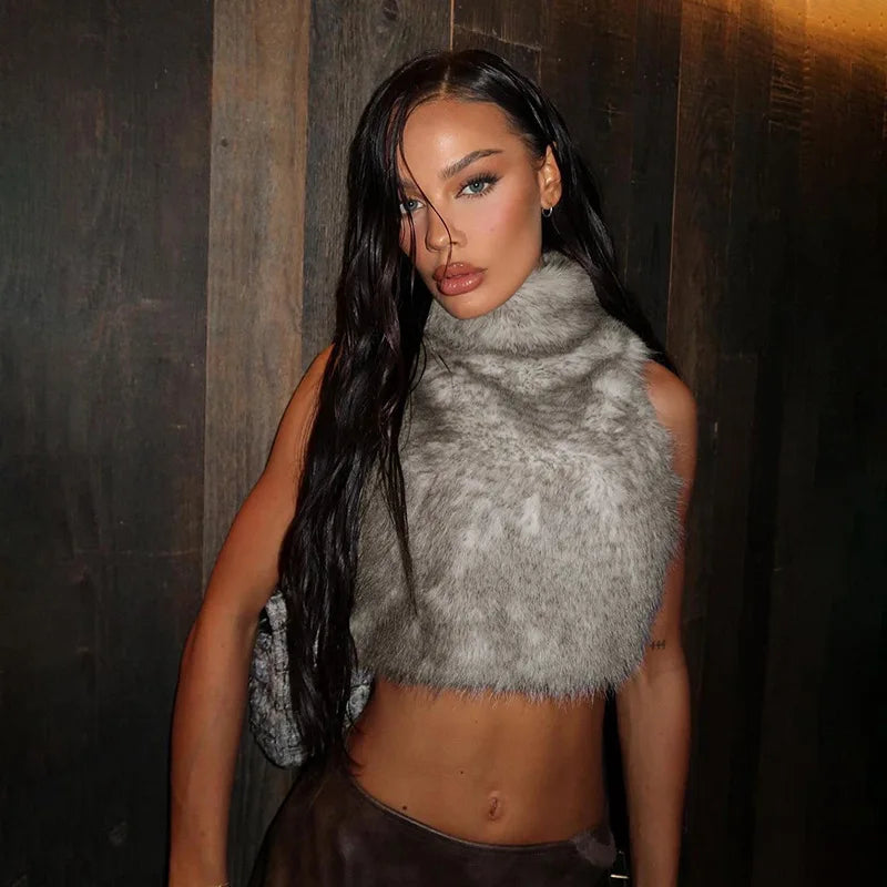 Autumn Fur Patchwork Backless Zipper Crop Top for Women