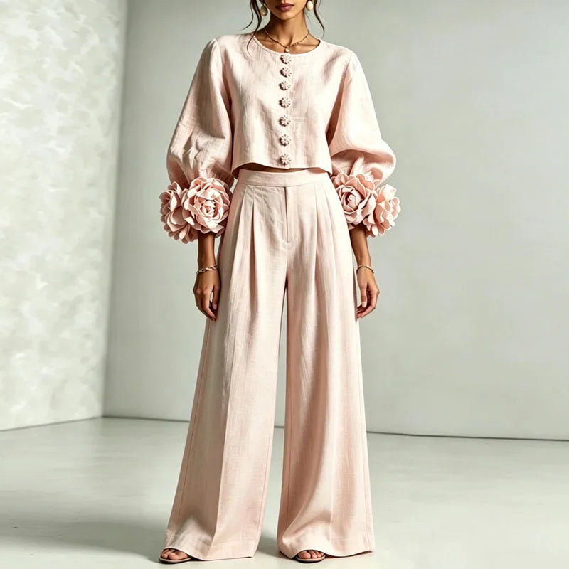 Puff Sleeve Floral Crop Top and Wide Leg Pants Set for Women