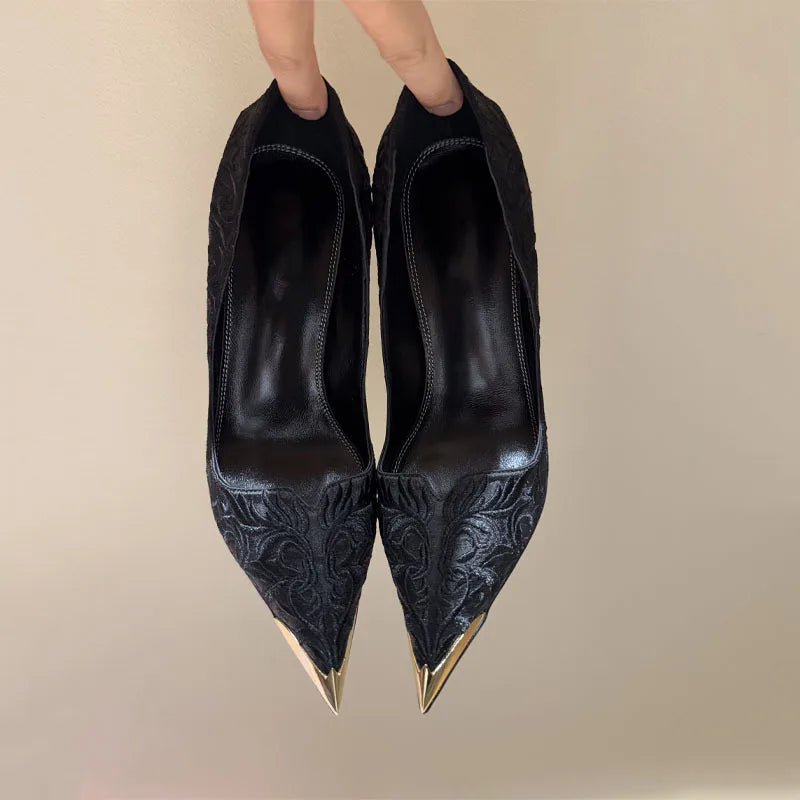 Design Women High Heel Metal Toe Embroidered High Heel Shoes Sexy Lady High Heel Gold Pointed Metal Toe Slingback Stilettos