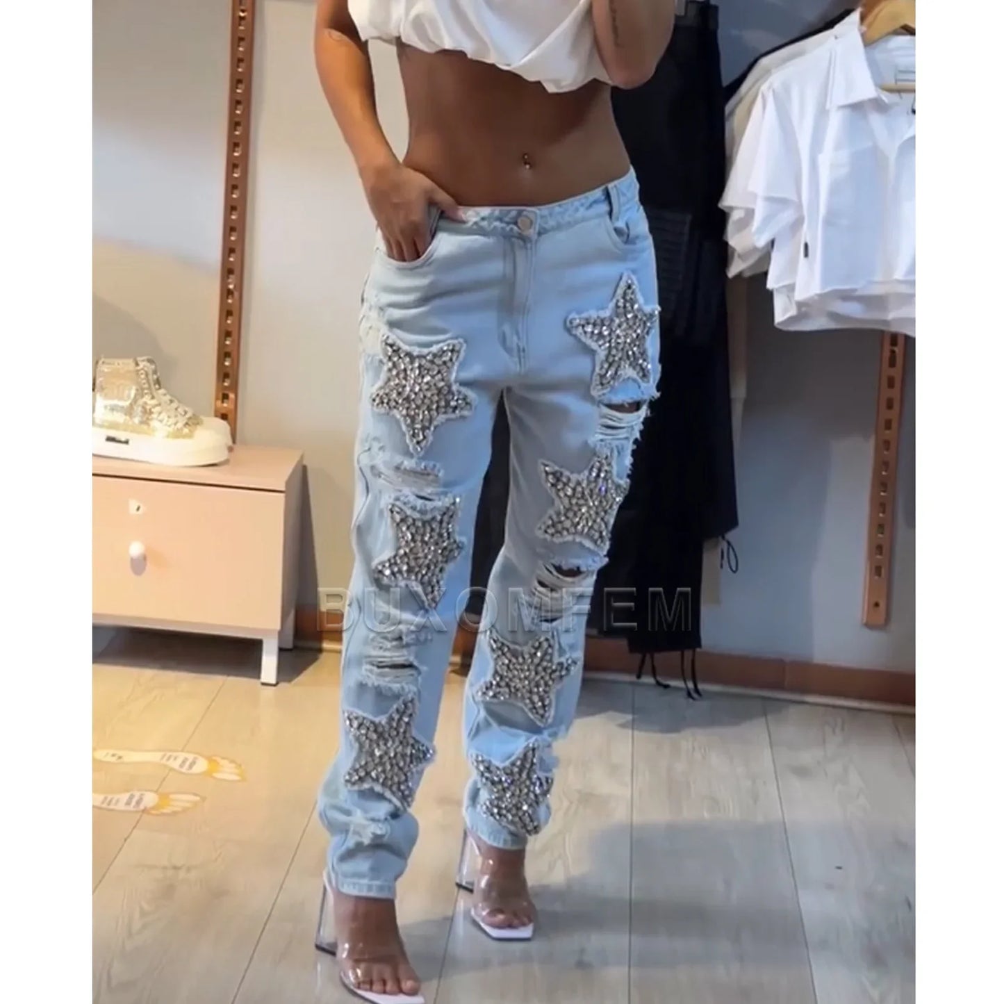 Loose Fit Baggy Wide Leg Denim Jeans Full Length for Women