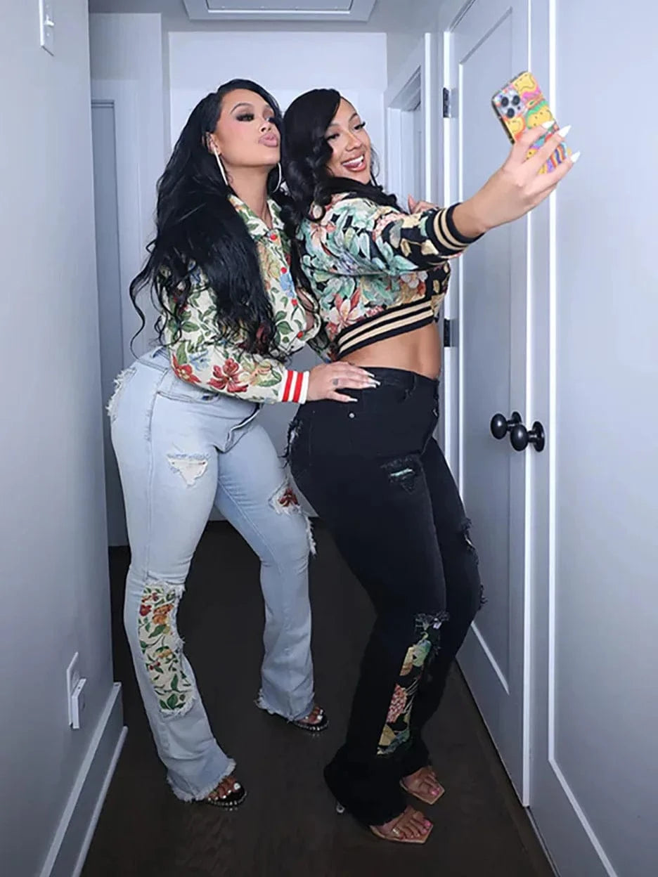 Streetwear Floral Print Short Jacket Sexy Women Turn Down Collar Elegant High Street Club Coat Outerwear