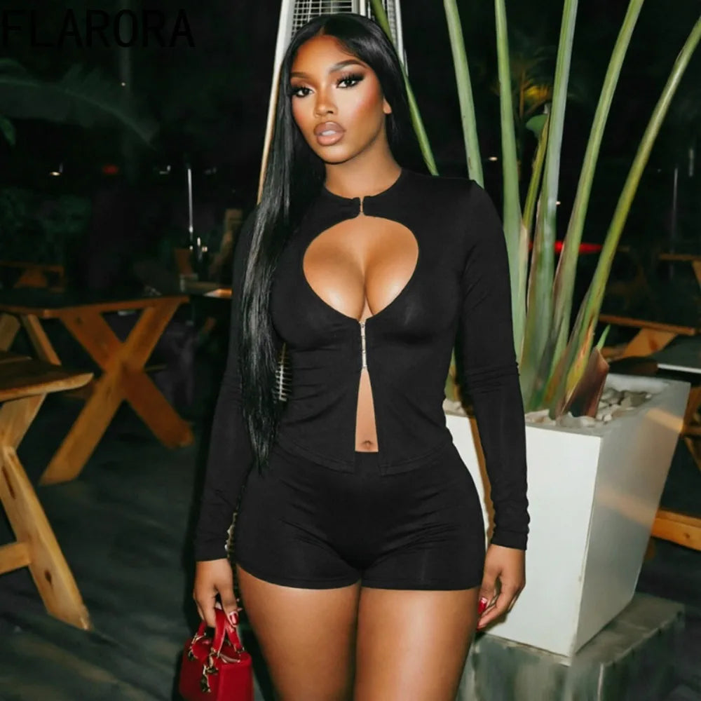 Hollow Out Long Sleeve Crop Top And Shorts Set for Women
