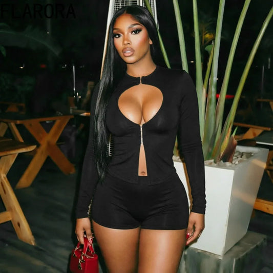 Hollow Out Long Sleeve Crop Top And Shorts Set for Women