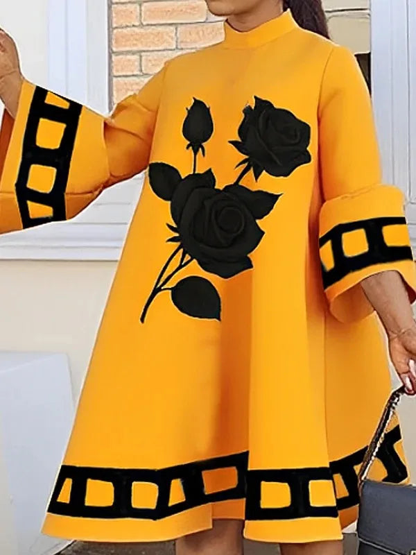 Modigirl Flower Print  Loose Yellow Dresses for Women Autumn Winter Clothes Flared Sleeves Woman Midi Casual A-line Dress