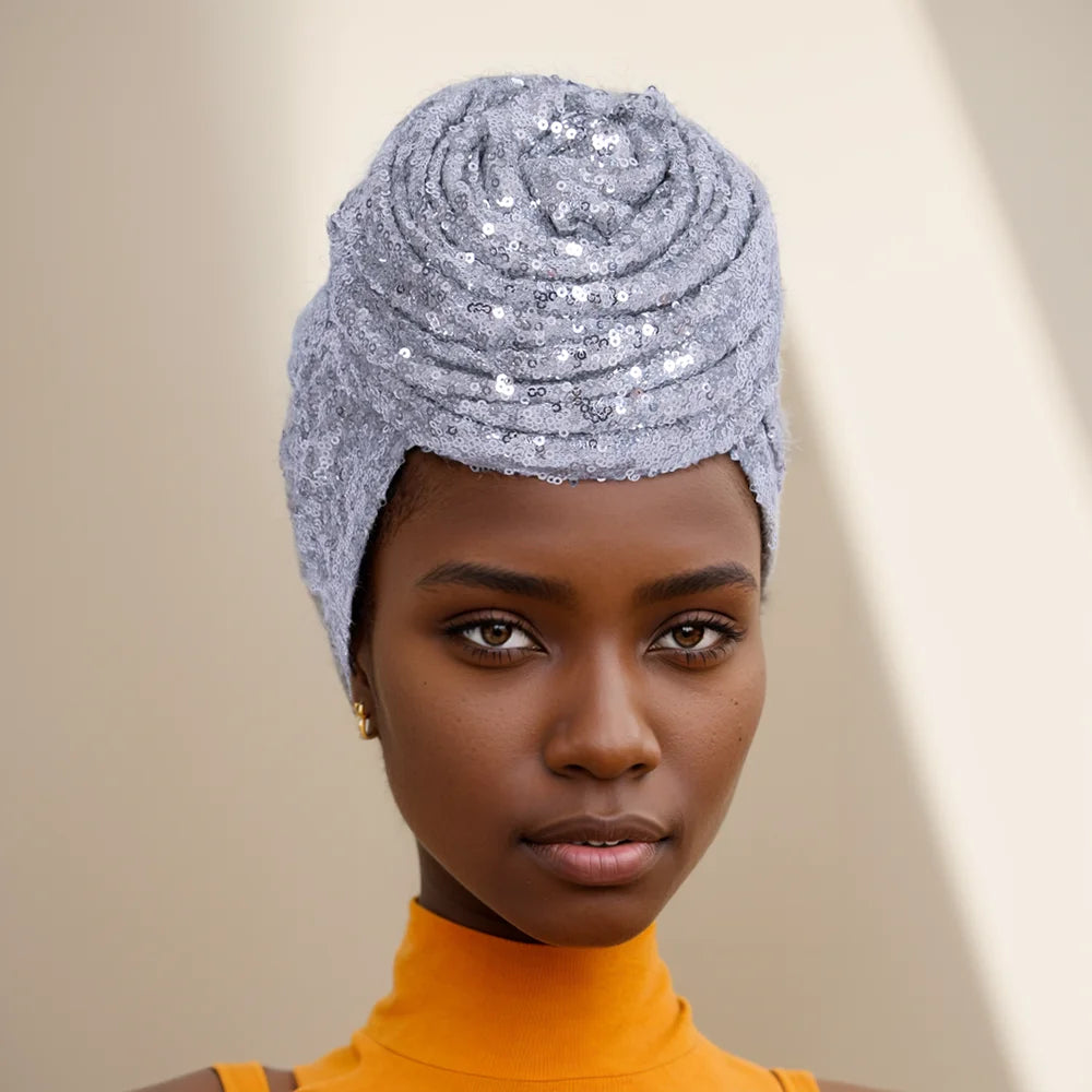 Gleaming Sequined African Print Head Wrap for Women