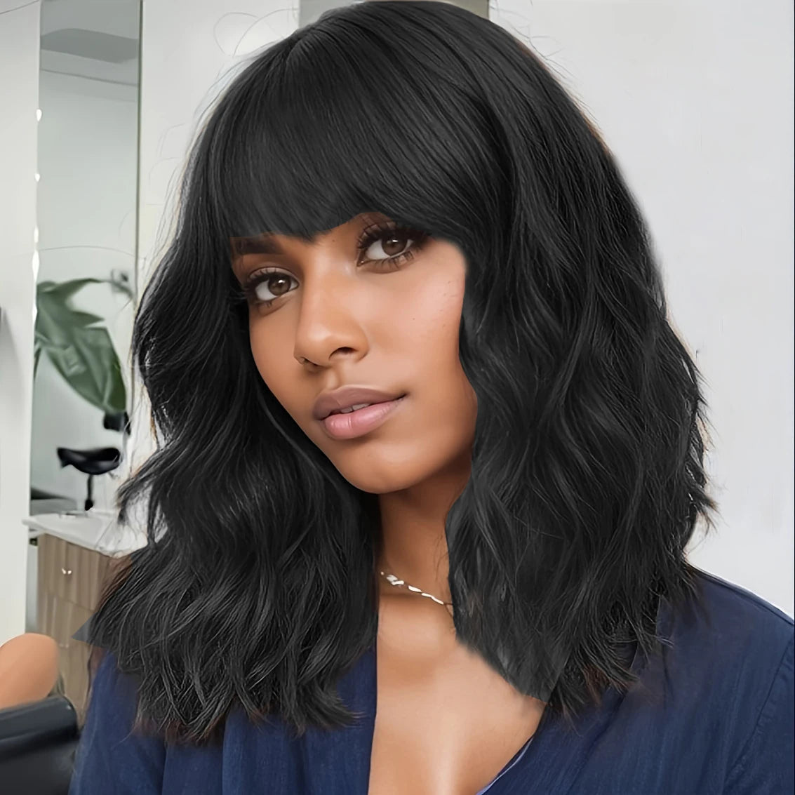 Heat Resistant Blue Body Wave Bob Wig With Bangs For Women