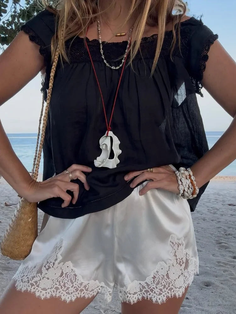 Women Lace Patchwork Satin Shorts Chic Loose Soild Wide Legs Elastic Short 2025 New Y2k Lady All Much Casual Street Outfits