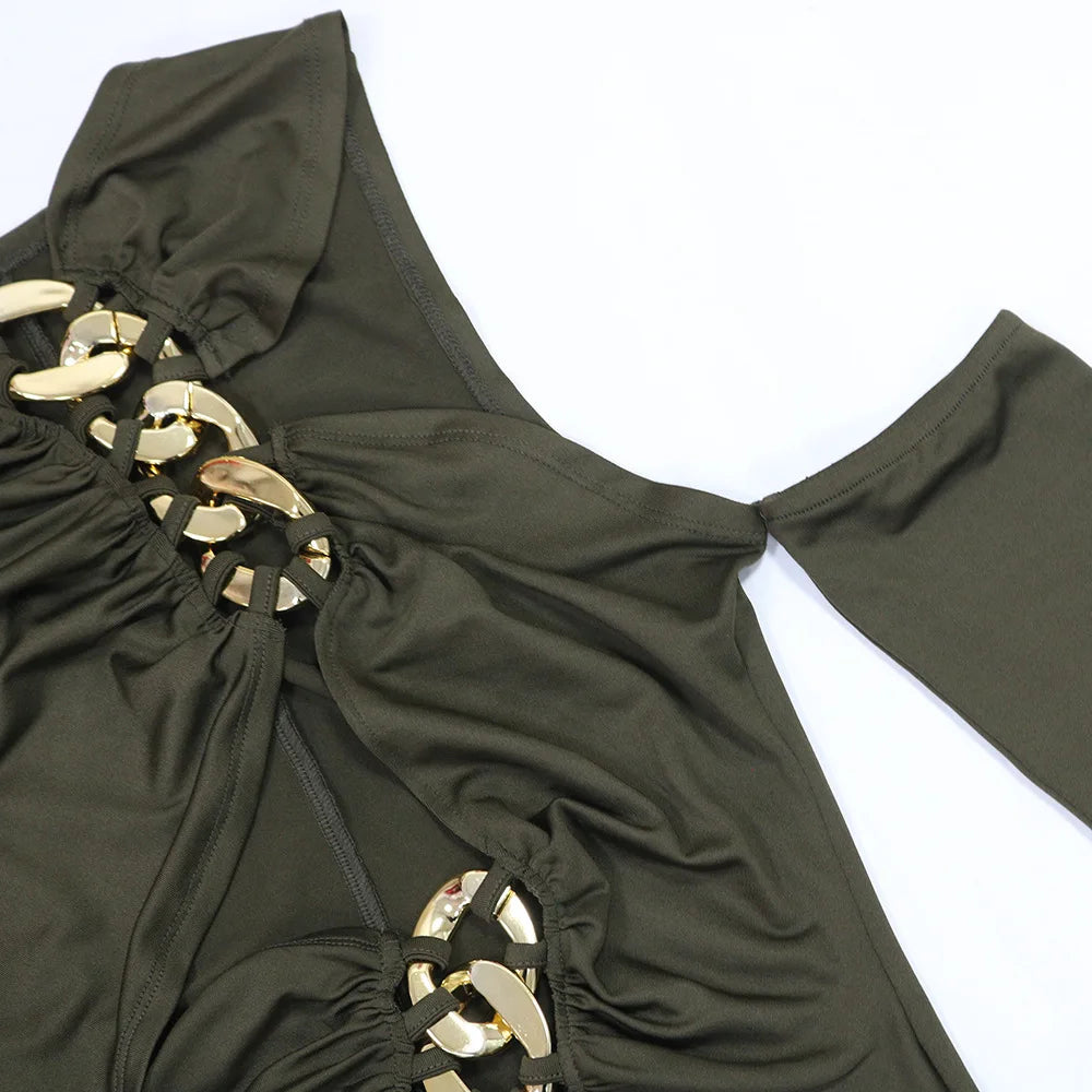 Joskaa Elegant Metal Decoration Hollow Birthday Dress Woman Sexy Irregular Full Sleeve High Split Maxi Dresses 2025 Clubwear