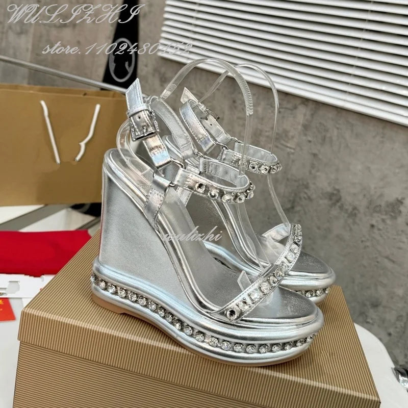 Crystal Border Purple Leather Wedge Platform Shoes for Women