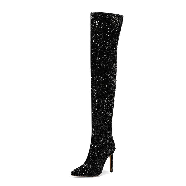 Sequin Pointed Toe Over The Knee Stiletto Boots For Women With Rear Zipper