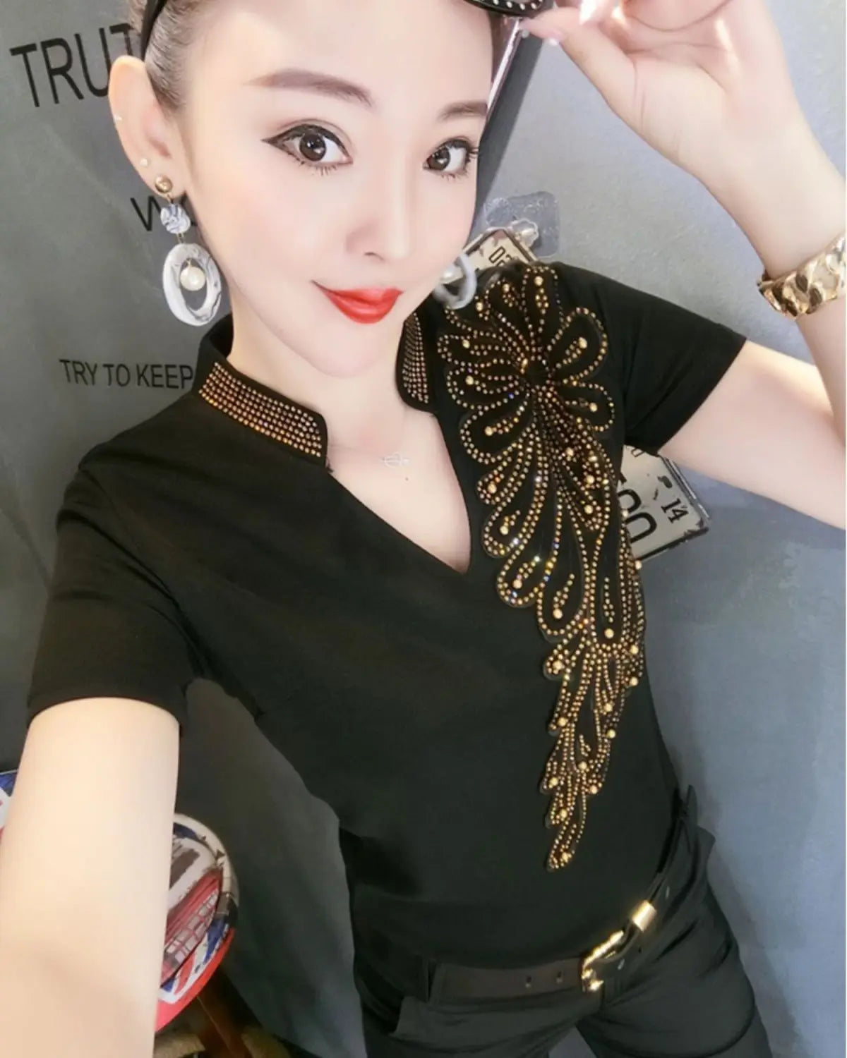Sequin Women Tops Sleeve Polo Shirt Rhinestone Pulovers Vintage Glitter Luxury Women's Blouses Promotion Free Delivery Neck Cute