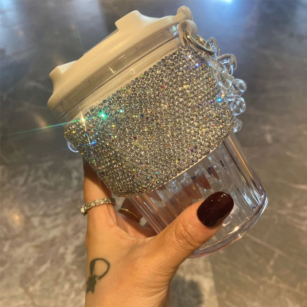 Portable Rhinestone Glass Coffee Cup With Chain for Women