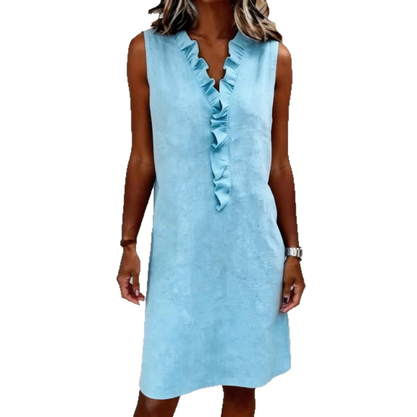 Sleeveless V Neck Front Ruffle Mini Dress for Women