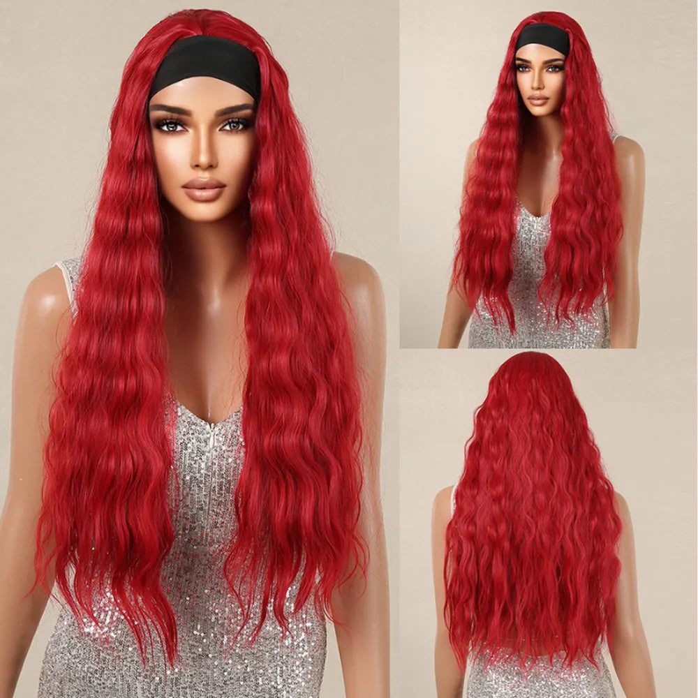 Long Red Body Wave Headband Synthetic Wig for Women
