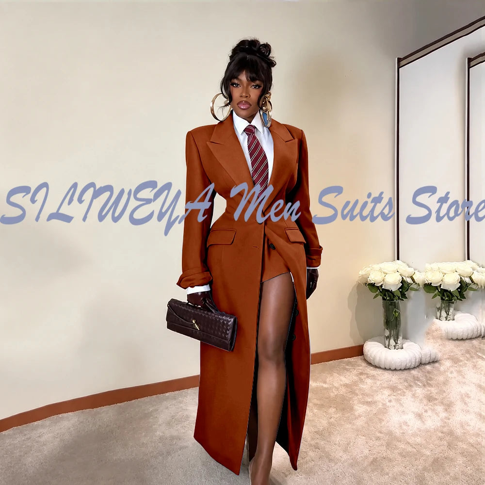 Elegant Long Blazer Coat Women Single Breasted Peak Lapel Full Sleeves 1 Piece Suit Jacket Female 2026 Spring Stylish Tops