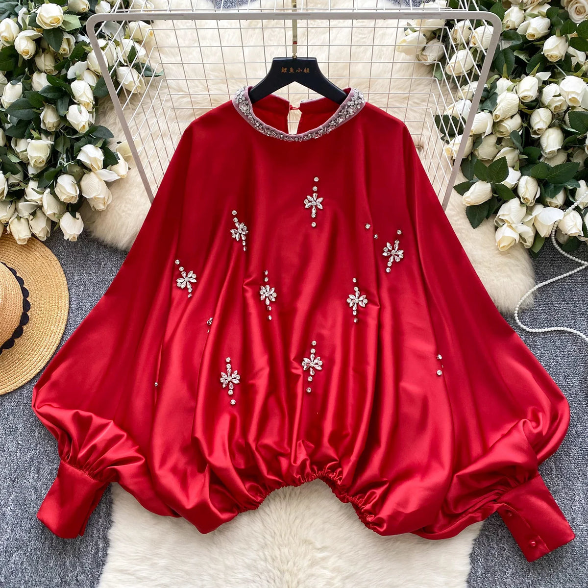 Elegant Beaded Satin Batwing Sleeve Blouse for Women