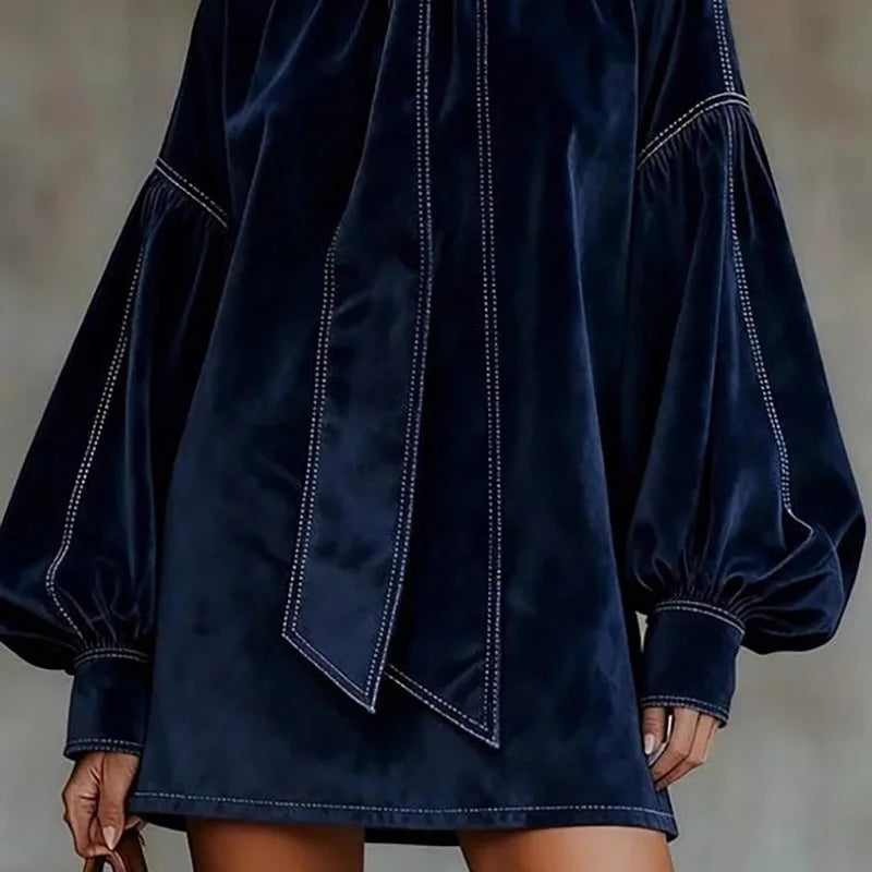Retro Solid Soft Velvet Elegant Party Dresses Woman Sexy Bowknot Turtleneck Mini Dress Autumn Winter Lantern Sleeve A-Line Dress