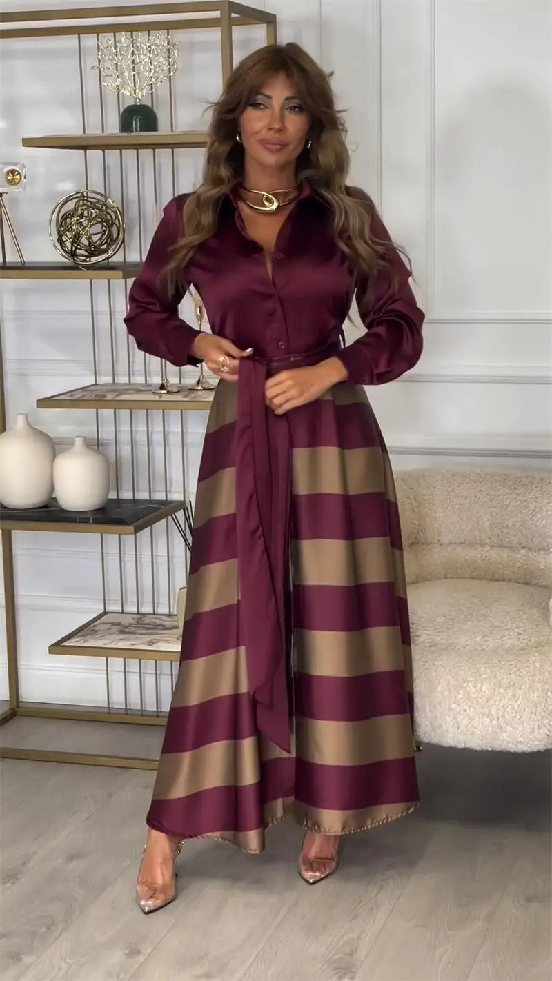Women's Fashion Spring Autumn Satin Long Dress Casual Long Sleeved Lace Up Turn-down Collar Skirts Vintage Pattern Printed Dress