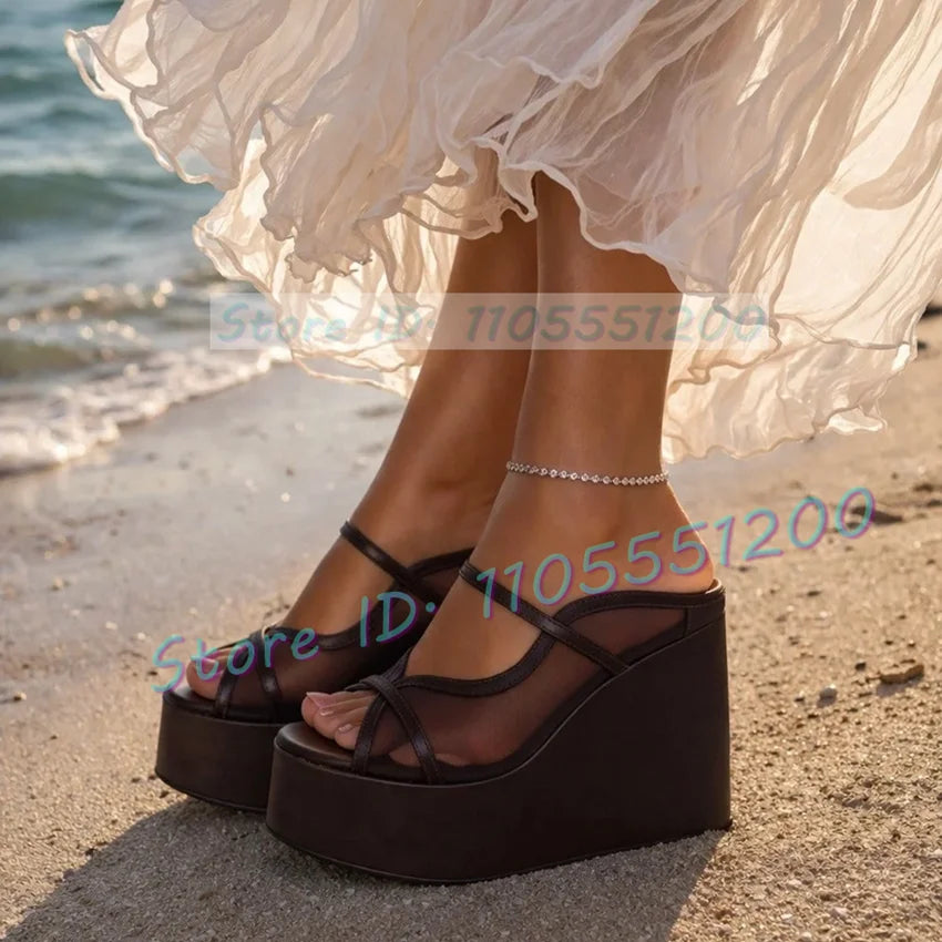 Brown Double Strap Mesh Peep Toe Wedge Sandals for Women