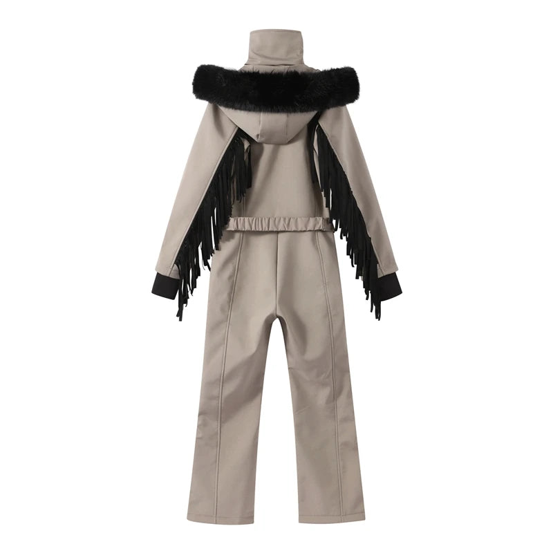 Tassel Red Slim Long Sleeve Stand Collar Wide Leg Jumpsuit for Women