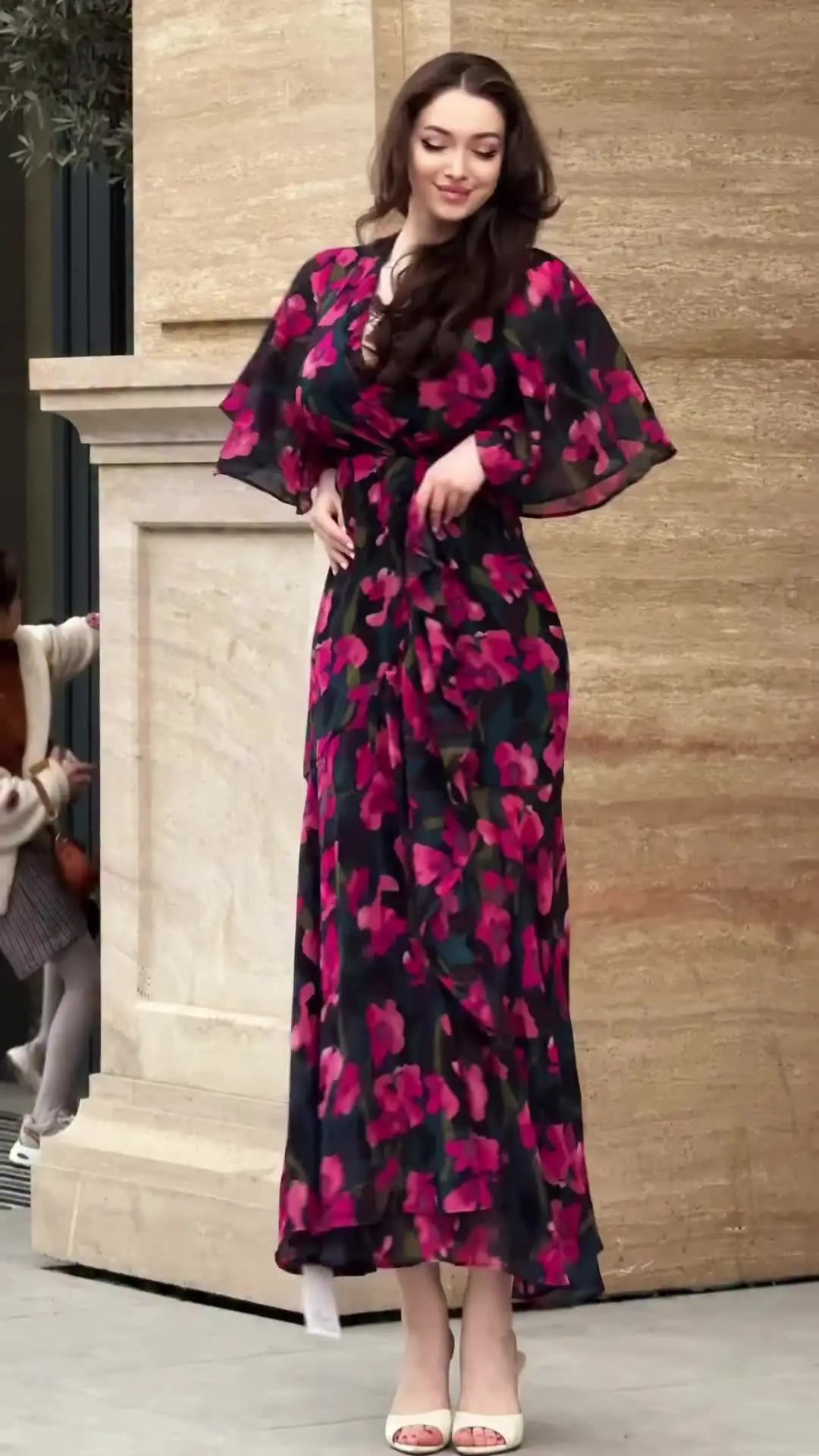 V Neck Floral Print Short Sleeve Ankle Length Dress for Women