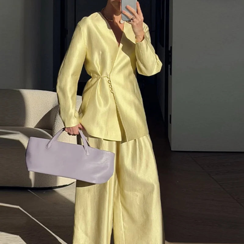 Lace Up Jacket and Wide Leg Pants Suit Set for Women