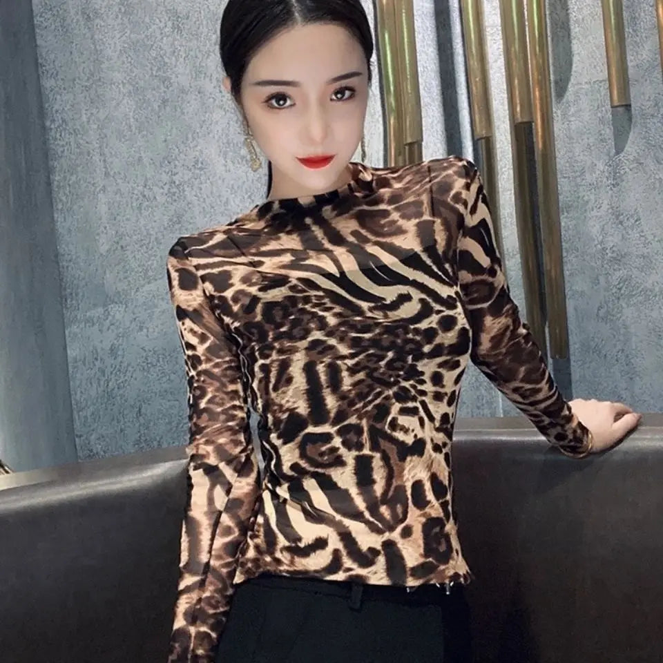 Top Female Mesh Leopard Print Women's Long Sleeve T-shirt Mature Spring Autumn Sexy Korean Reviews Many Clothes Japanese Vintage