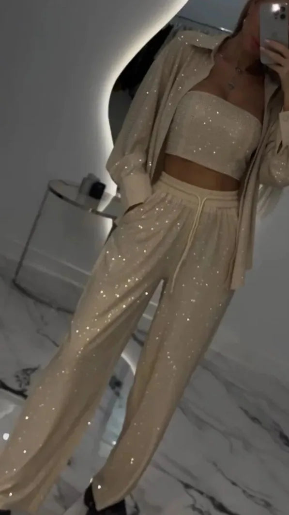 Casual Sequined Blazer With Wide Leg Pants Set For Women