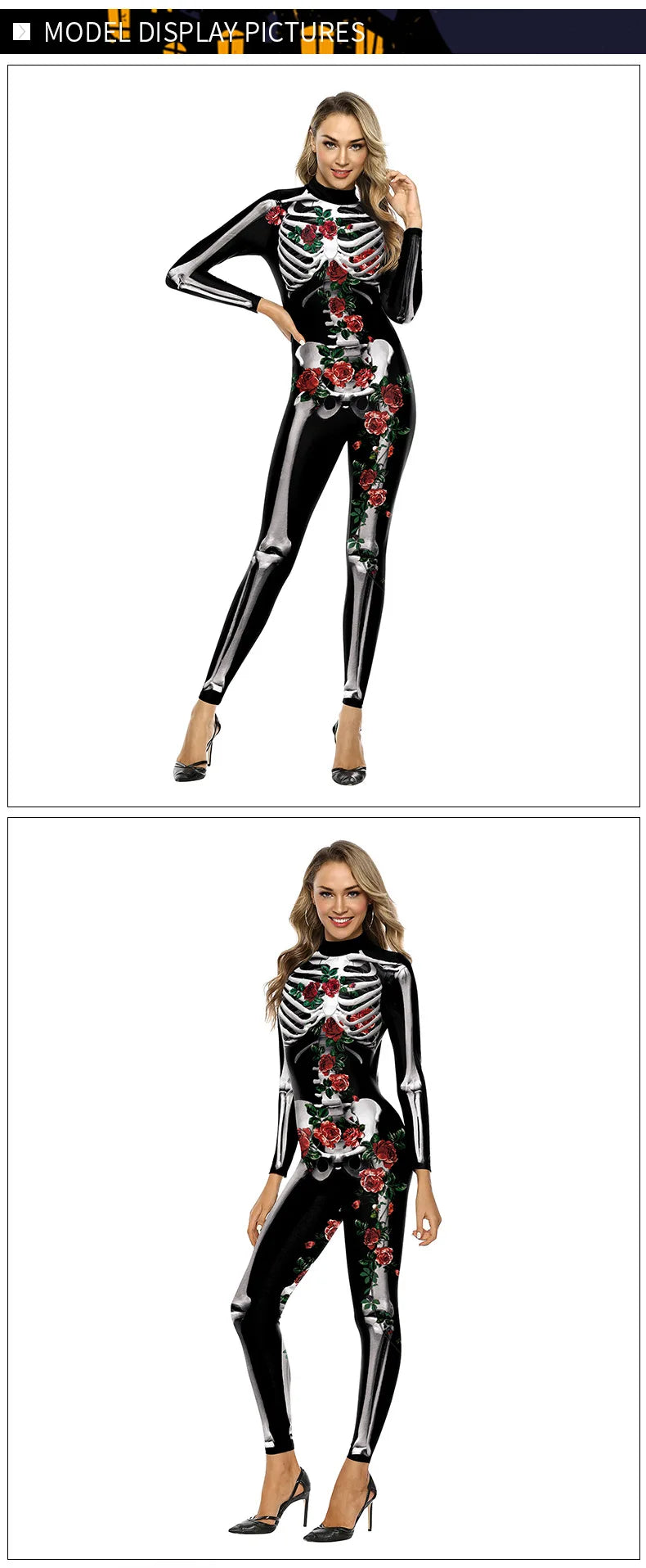 Cosplay Rose Skeleton Print Halloween Jumpsuit for Women