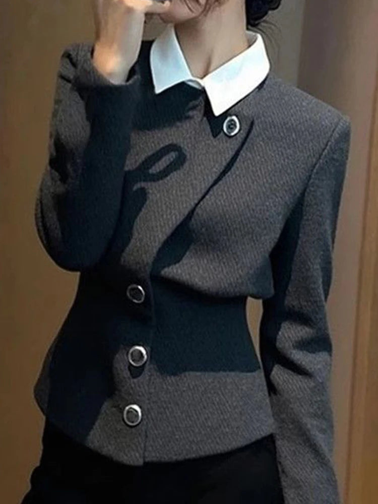 Grey Faux Two Piece Button Detail Casual Coat For Women