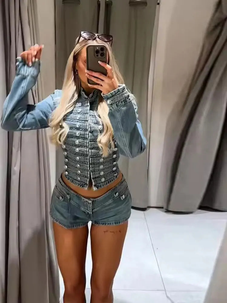 Vintage Inspired Retro Stand Collar Denim Jacket for Women
