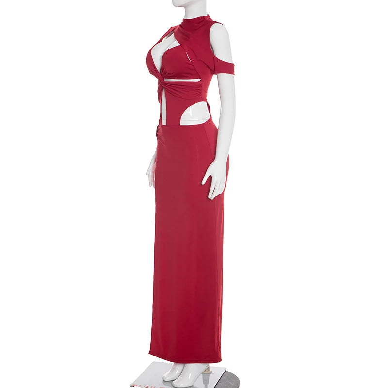 Twist Hollow Patchwork High Split Maxi Dress for Women