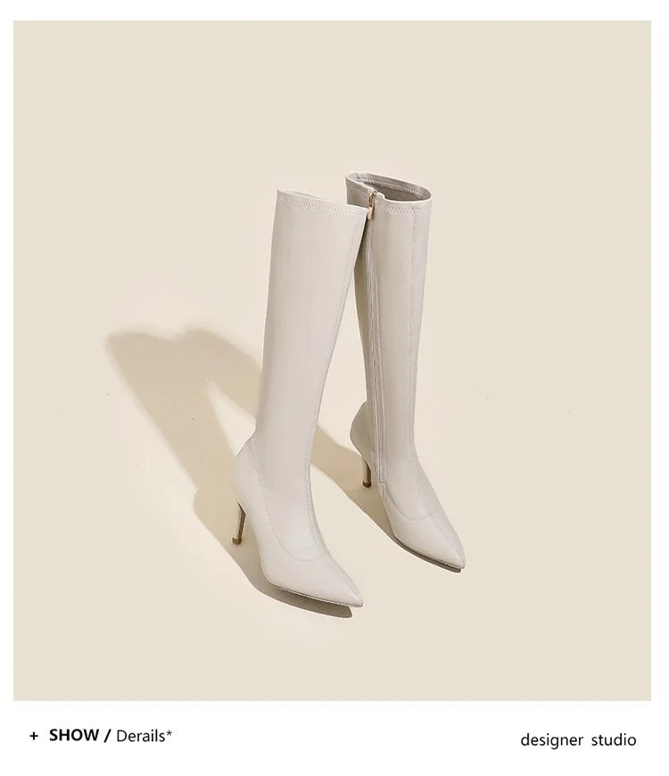 Patent Leather Pointed Knee High Boots