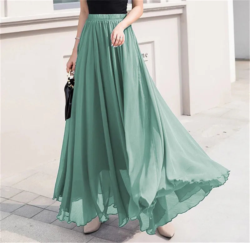 Elegant Solid Color Chiffon A-Line Skirt with High Waist for Women